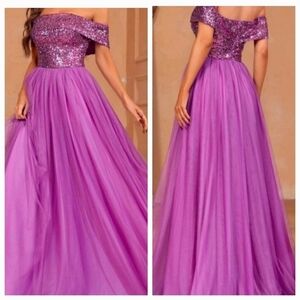 Purple,  Off Shoulder,  Sleeveless,  A Line, Sequined Gown